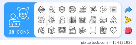 Cyber attack line icons. Interest rate, AI generate, Inflation icons. Phishing risk, Data ransomware, Binary code. Hacker attack, Virus secure, Malware bug outline icons. Vector 134121925
