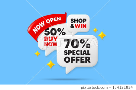Discount speech bubbles. Now open flag ribbon. 70 percent discount offer tag. Sale price promo sign. Special offer symbol. Discount chat bubbles with 3d sparkles. Vector 134121934