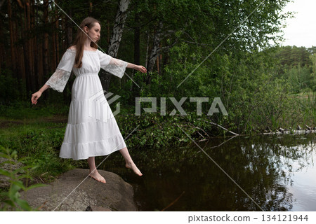 Ethereal Grace: Woman in White Lace Dress by Forest Pond Ethereal Grace: Woman in White Lace Dress by Forest Pond 134121944