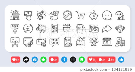 Phishing, Report document and Employee benefits line icons pack. Social media: share, comment, like icons. Money, Discounts app, Wallet web icon. Inflation, Discount, Market seller pictogram. Vector 134121959