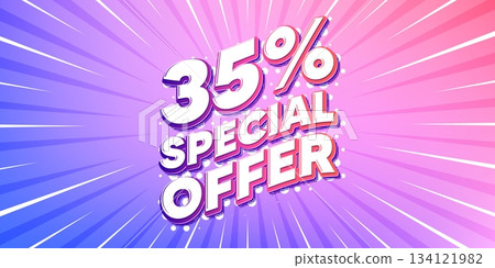 Discount sun rays gradient banner. Light burst background. 35 percent discount offer tag. Sale price promo sign. Special offer symbol. Gradient sun rays. Sunburst light. Vector 134121982