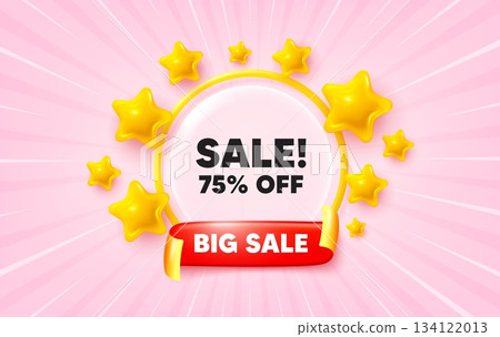 Sale sunburst ray banner. Big sale flag ribbon. Sale 75 percent off discount. Promotion price offer sign. Retail badge symbol. 3d stars glitter. Red ribbon tag. Discount offer. Vector 134122013