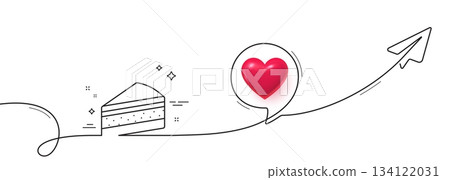 Cake line icon. Continuous line with share plane. Dessert food sign. Delicious snack symbol. 3d heart in speech bubble. Cake single line ribbon. Loop curve pattern. Vector Cake line icon. Continuous line with share plane. Dessert food sign. Delicious snack symbol. 3d heart in speech bubble. Cake single line ribbon. Loop curve pattern. Vector 134122031