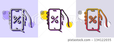 Discounts app line icon. Halftone dotted pattern. Gradient icon with grain shadow. Sale offer sign. Phone promotion price symbol. Line discounts app icon. Various designs. Vector 134122035