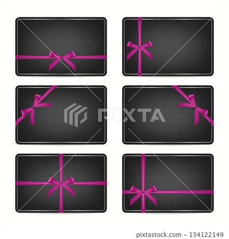Black Gift Cards with Pink Ribbon Bows Set, Isolated. Luxury Voucher, Coupon, Loyalty, Discount Card Templates for Holiday, Birthday, Wedding, Christmas, Black Friday Sale. Vector Illustration 134122149