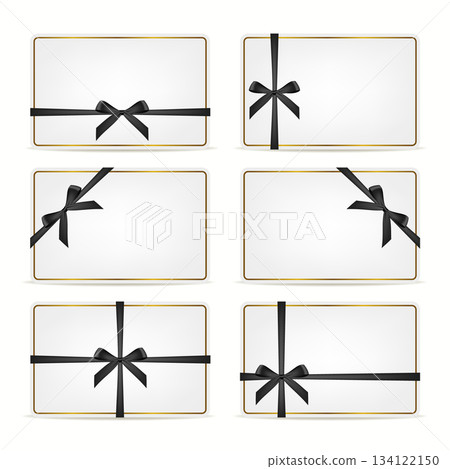 White Gift Cards Set with Black Ribbon Bows, Isolated. Elegant Rectangular Present Vouchers, Greeting Cards, Certificates with Gold Frame. Vector Template for Holiday, Wedding, Birthday Design 134122150