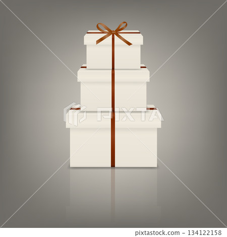Vector 3d Elegant Cream Gift Boxes Stack with Brown Ribbon Bow. Minimalist Present Box Tower. Luxury Packaging for Wedding, Birthday, Holiday 134122158