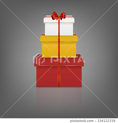 Vector 3d Colorful Gift Boxes Stack with Red Ribbon Bow. White, Yellow and Red Present Box Tower on Dark Background. Luxury Holiday Surprise Packaging Vector 3d Colorful Gift Boxes Stack with Red Ribbon Bow. White, Yellow and Red Present Box Tower on Dark Background. Luxury Holiday Surprise Packaging 134122159