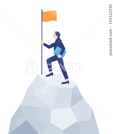 Overcoming difficulties and achieving success, this career woman plants her flag on the top of the iceberg. 134122290