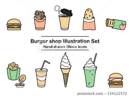 Stock Illustration: Hand-drawn menu icon set for hamburger shops Stock Illustration: Hand-drawn menu icon set for hamburger shops 134122572