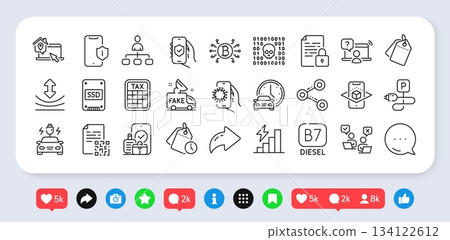 Share, Online question and Management line icons pack. Social media: share, comment, like icons. Ssd, Bitcoin system, Car charging web icon. Binary code, Book car, Qr code pictogram. Vector Share, Online question and Management line icons pack. Social media: share, comment, like icons. Ssd, Bitcoin system, Car charging web icon. Binary code, Book car, Qr code pictogram. Vector 134122612