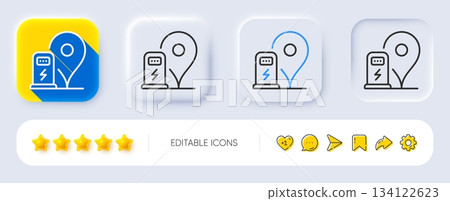 Charging station line icon. Neumorphic, Flat shadow, 3d buttons. Car charge location sign. Electric power symbol. Line charging station icon. Social media icons. Vector 134122623