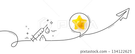 Vaccine attention line icon. Continuous line with share plane. Vaccination syringe warning sign. Jab symbol. 3d star in speech bubble. Vaccine attention single line ribbon. Loop curve pattern. Vector 134122625