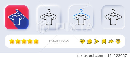 T-shirt line icon. Neumorphic, Flat shadow, 3d buttons. Tee shirt with hanger sign. Fabric sport wear symbol. Line t-shirt icon. Social media icons. Vector 134122637