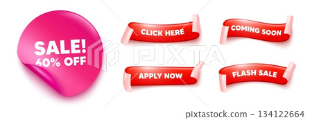 Sale sticker, offer ribbons. Apply now, Flash sale. Sale 60 percent off discount. Promotion price offer sign. Retail badge symbol. Pink sticker tag. Flag ribbon banners. Vector 134122664