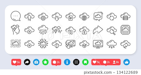 Cloud data line icons. Social media: share, comment, like icons. Set of Hosting, Computing data and File storage technology icons. Archive, Download, Share cloud files. Vector 134122689