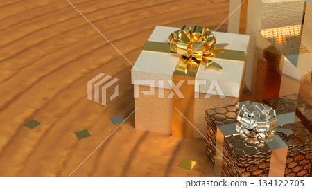 Luxurious Golden Gift Boxes with Elegant Ribbons 3d render. Luxurious Golden Gift Boxes with Elegant Ribbons 3d render. 134122705