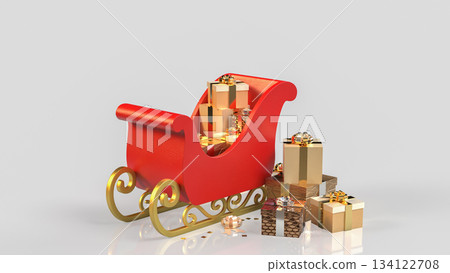 Red Christmas Sleigh Overflowing with Golden Gifts 3d render. Red Christmas Sleigh Overflowing with Golden Gifts 3d render. 134122708