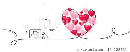 Truck transport line icon. Continuous line big heart. Transportation vehicle sign. Delivery symbol. 3d hearts in heart shaped loop. Truck transport single line ribbon. Loop curve pattern. Vector 134122711