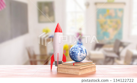Rocket and Earth Globe on Books in Bright Classroom Setting 3d render 134122722