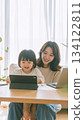 A cheerful family moment as parents and children enjoy tablet learning in the living room. 134122811