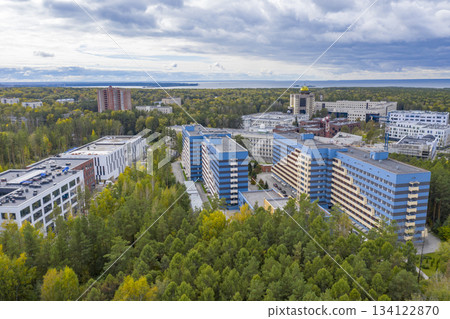 Aerial view of Novosibirsk University, forests in autumn, Ob river, construction of new buildings 134122870