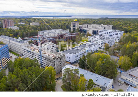 Aerial view of Novosibirsk State University, forests, Ob river and construction of new buildings 134122872