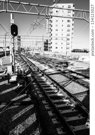 Railway viaduct construction underway around Higashimurayama Station, Tokyo, November 2025, b-5 monochrome 134123027