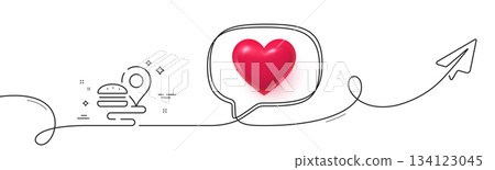Food delivery line icon. Continuous line with share plane. Location map pin sign. Fast food service symbol. 3d heart in speech bubble. Food delivery single line ribbon. Loop curve pattern. Vector 134123045