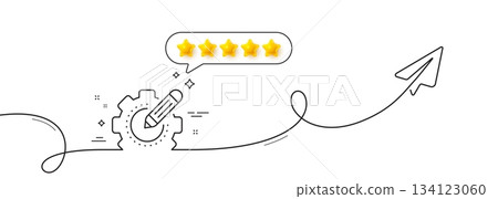 Settings gear line icon. Continuous line with share plane. Cogwheel with star sign. Edit working process symbol. Five star rate review in speech bubble. Settings gear single line ribbon. Vector Settings gear line icon. Continuous line with share plane. Cogwheel with star sign. Edit working process symbol. Five star rate review in speech bubble. Settings gear single line ribbon. Vector 134123060