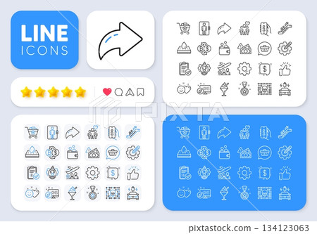 Escalator, Clown and Fraud line icons for web app. Message, Share, Like social media icons. Pack of Approved report, Elevator, Winner reward pictogram icons. Vector Escalator, Clown and Fraud line icons for web app. Message, Share, Like social media icons. Pack of Approved report, Elevator, Winner reward pictogram icons. Vector 134123063