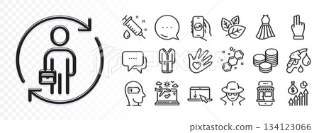 Bathrobe, Financial app and Scroll down line icons for web app. Glare of light effect. Message icon. Pack of Social responsibility, Replacement, Salary pictogram icons. Vector 134123066
