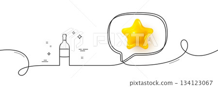 Wine bottle line icon. Continuous line with 3d star. Merlot or Cabernet Sauvignon sign. 3d star in speech bubble. Wine bottle single line ribbon. Loop curve pattern. Vector 134123067