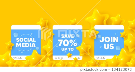 Discount social media post. Join us template mockup. Save up to 70 percent tag. Discount Sale offer price sign. Special offer symbol. Like, comment and share icons. Vector Discount social media post. Join us template mockup. Save up to 70 percent tag. Discount Sale offer price sign. Special offer symbol. Like, comment and share icons. Vector 134123073