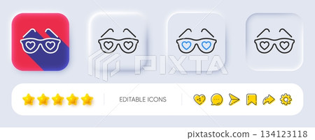 Glasses with hearts line icon. Neumorphic, Flat shadow, 3d buttons. Valentines day spectacles sign. Love accessory symbol. Line love glasses icon. Social media icons. Vector Glasses with hearts line icon. Neumorphic, Flat shadow, 3d buttons. Valentines day spectacles sign. Love accessory symbol. Line love glasses icon. Social media icons. Vector 134123118