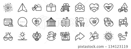 Buyer think, Sun protection and Delivery line icons pack. Share, Message, Paper plane icons. Gas grill, Carousels, Travel loan web icon. Father day, Fireworks explosion, Love letter pictogram. Vector 134123119