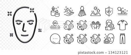 Collagen skin, T-shirt and Pants line icons for web app. Glare of light effect. Message icon. Pack of Uv protection, Cobalamin vitamin, Health skin pictogram icons. Vector 134123121