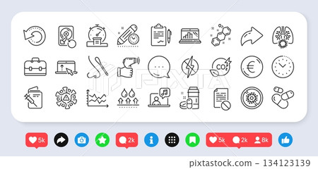 Timer, Recovery data and Waterproof line icons pack. Social media: share, comment, like icons. Clipboard, Vaccination passport, Diagram chart web icon. Vector 134123139