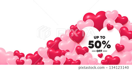 Discount tag heart shaped bubble. 3d hearts love background. Up to 50 percent off sale. Discount offer price sign. Special offer symbol. Save 50 percentages. Valentines day greeting card. Vector Discount tag heart shaped bubble. 3d hearts love background. Up to 50 percent off sale. Discount offer price sign. Special offer symbol. Save 50 percentages. Valentines day greeting card. Vector 134123140