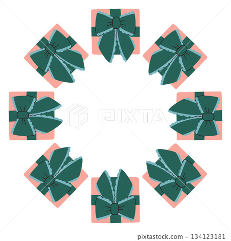 Vector illustration of a circular frame made of pink and blue gift boxes tied with ribbons. A festive Christmas border perfect for holiday cards, labels, packaging, and seasonal graphic design. Vector illustration of a circular frame made of pink and blue gift boxes tied with ribbons. A festive Christmas border perfect for holiday cards, labels, packaging, and seasonal graphic design. 134123181