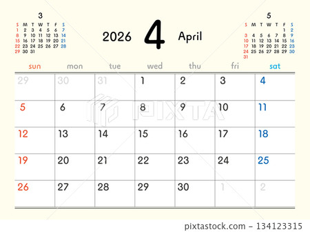 2026 Calendar April 134123315
