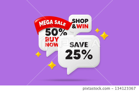 Discount speech bubbles. Mega sale flag ribbon. Save 25 percent off tag. Sale Discount offer price sign. Special offer symbol. Discount chat bubbles with 3d sparkles. Vector 134123367