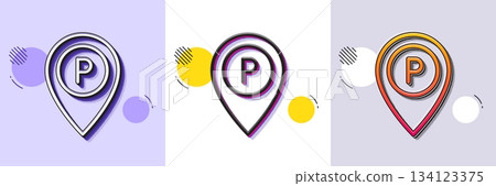 Parking line icon. Halftone dotted pattern. Gradient icon with grain shadow. Location map pointer sign. Car park symbol. Line parking icon. Various designs. Vector 134123375
