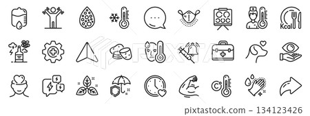 Washing hands, Potato and Fair trade line icons pack. Share, Message, Paper plane icons. Umbrella, Artificial colors, First aid web icon. Pets care, Thermometer, Health eye pictogram. Vector Washing hands, Potato and Fair trade line icons pack. Share, Message, Paper plane icons. Umbrella, Artificial colors, First aid web icon. Pets care, Thermometer, Health eye pictogram. Vector 134123426