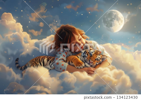 A sweet girl lies on the clouds, giggling with a tiger cub in her arms, as the moonlight illuminates the sky. 134123430