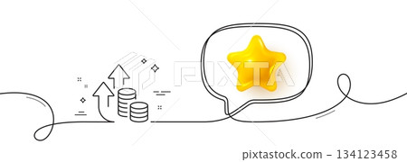 Inflation line icon. Continuous line with 3d star. Growth or Increase price sign. Change money symbol. 3d star in speech bubble. Inflation single line ribbon. Loop curve pattern. Vector 134123458
