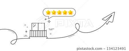 Balcony line icon. Continuous line with share plane. Building balconet sign. Apartment terrace symbol. Five star rate review in speech bubble. Balcony single line ribbon. Loop curve pattern. Vector Balcony line icon. Continuous line with share plane. Building balconet sign. Apartment terrace symbol. Five star rate review in speech bubble. Balcony single line ribbon. Loop curve pattern. Vector 134123491