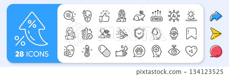 Skin condition, Sun protection and Medical mask line icons. Interest rate, AI generate, Inflation icons. Pack of Rubber gloves, Face declined, Animal tested icon. Vector 134123525