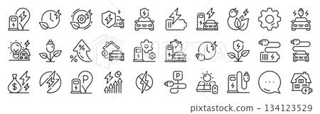 Electric car charging line icons. Settings gear, Message, Inflation icons. Charge station, Ev parking and Battery charger set. Home car charging, power station and electro energy line icons. Vector Electric car charging line icons. Settings gear, Message, Inflation icons. Charge station, Ev parking and Battery charger set. Home car charging, power station and electro energy line icons. Vector 134123529