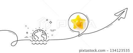 Disaster line icon. Continuous line with share plane. Climate warming sign. World flood symbol. 3d star in speech bubble. Disaster single line ribbon. Loop curve pattern. Vector 134123535